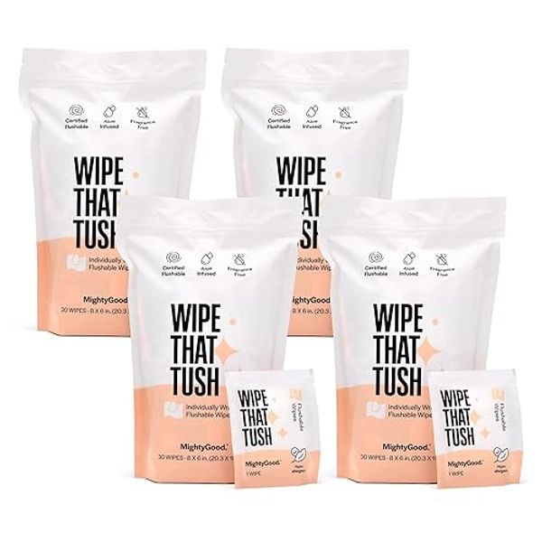 MightyGood. Wipe That Tush On-The-Go Flushable Wet Wipes - 4 Pack, 120 Wipes - Individually Wrapped Extra-Large Wipes with Aloe - Hypoallergenic & Unscented - Septic and Sewer Safe - Unscented - 30 Count (Pack of 4)