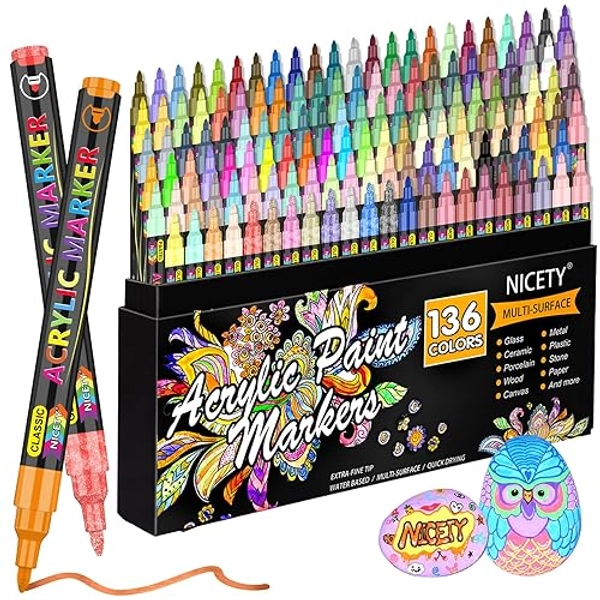 NICETY 136 Feutre Acrylique Peinture stylo - marqueur peinture acrylique Verre pour Bois, Toile, Verre, Céramique - Acrylic Paint Marker à base d'eau à 0,7 mm Extra Pointe Fine - 136