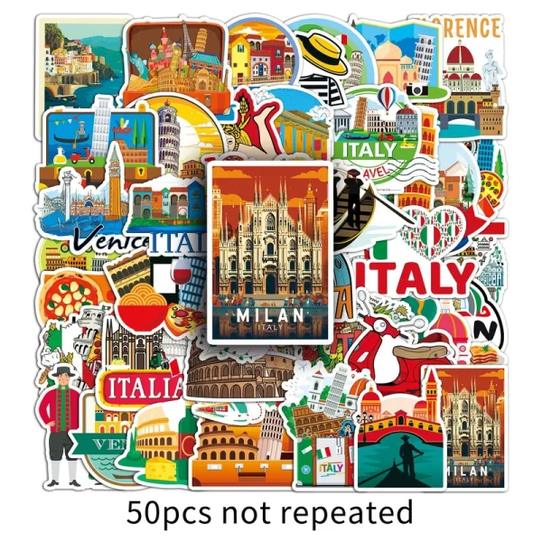 50pcs autocollants vinyle à thème italien   - réutilisables, décalcomanies de dessins animés   pour ordinateurs portables, bouteilles d'eau, téléphones & plus - auto-adhésifs  , parfaits pour les passionnés de voyage, autocollants vinyle pour   | Des Réductions Pour   | Temu