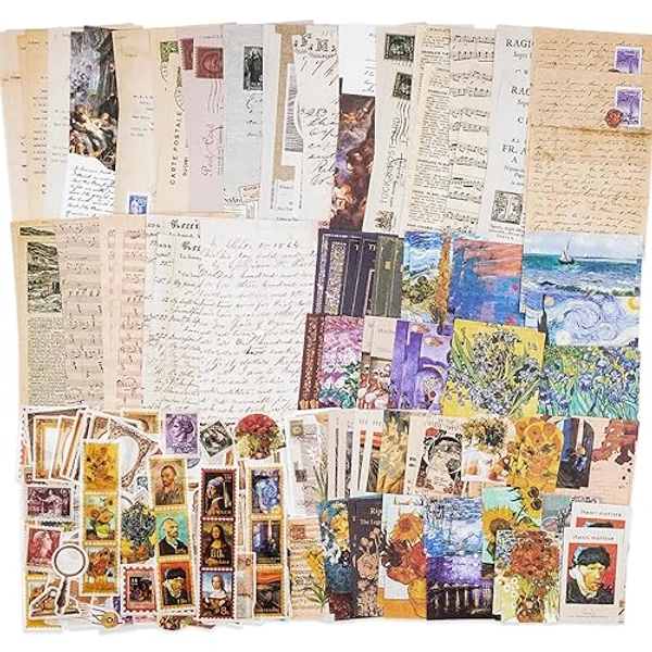 Knaid Vintage Scrapbook Supplies Pack (200 Pieces) for Junk Journal Bullet Journals Planners Aesthetic Paper Stickers Craft Kits Cottagecore Collage Album (Artistic) - Artistic