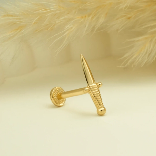 Knife Motif Tragus Piercing, Cartilage Earring, 14K Solid Gold Tragus Piercing, Minimalis Tragus Piercing, Gold Stud Piercing - Etsy