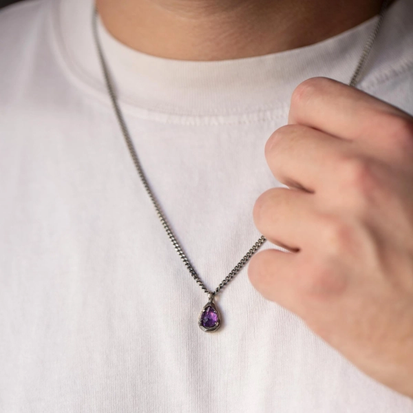 Amethyst Pendant Men Oxidized Silver - Purple Gemstone Necklace Brutalist - Birthday Gift for Him SN00044 001
