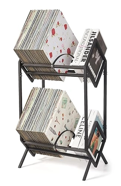 Vinyl Record Storage Holder, Holds up to 160-200 LPs, Metal Vinyl Record Organizer Stand, Simple/Functional/Easy Assembly, Classical Design for Files/Book/Magazine Record Rack (Black 2 Tier)