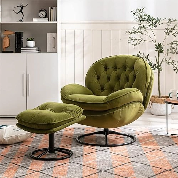 Velvet Swivel Accent Chair with Ottoman Set, Modern Lounge Chair with Metal Base Frame & Footrest, Comfy Single Leisure Sofa Chair Reading Chair with 360 Degree Swiveling for Living Room, Fruit Green - Fruit Green