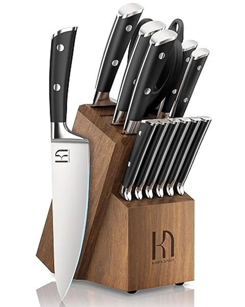 Knife Set 15 Pcs Japanese High Carbon Stainless Steel Kitchen Knife Sets with Block and Sharpener, Premium Razor Sharp Black Knives Block Set for Kitchen with Ergonomic Full-tang Handle - Black