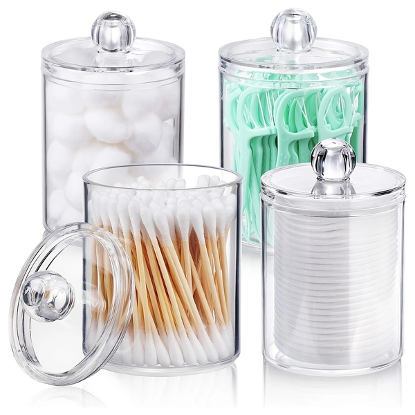 4pcs Swab Holder Dispenser For Swabs, Balls, Pads, Floss Flossing - Small Clear Plastic Jar Medicinal Bottle Set, Bathroom Essentials Accessory Decorative, Dresser Makeup Organizer