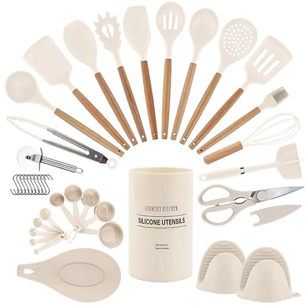 Country Kitchen Non Stick Silicone Utensil Set with Rounded Wood Handles for Cooking and Baking, 38 Piece Set, Khaki - 38 Piece Set - Khaki