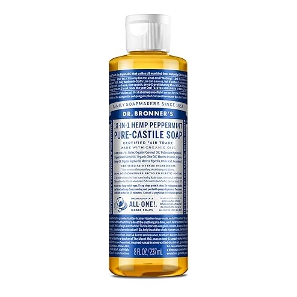 Dr. Bronner's - Pure-Castile Liquid Soap (Peppermint, 8 ounce) - Made with Organic Oils, 18-in-1 Uses: Face, Body, Hair, Laundry, Pets and Dishes, Concentrated, Vegan, Non-GMO