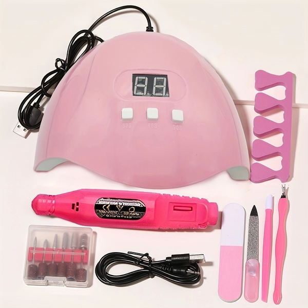 7-in-1 Stainless Steel Nail Art Tool Set with Nail Lamp, Glue Drying Machine, Nail Polisher, Dead Skin Fork, Dead Skin Push, Finger Divider