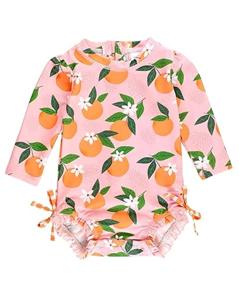 RuffleButts Baby Girls UPF 50+ Sun Protection Novelty Print Long Sleeve One Piece Rash Guard Swimsuit with Zipper - 18-24 Months - Orange You the Sweetest