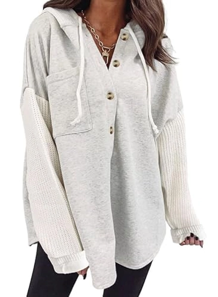 SHEWIN Womens Oversized Sweatshirt Hoodies Casual Long Sleeve Solid Button Down Hooded Jackets for Women Casual Fall Outfits with Pockets,(US 12-14) L,Gray
