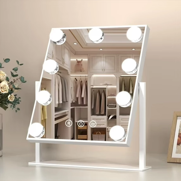 Funtouch 12 inch Square Alloy Steel Tabletop White Makeup Mirror with Charging, 3 Color Vanity Mirror with Lights, 360 Degree Rotation
