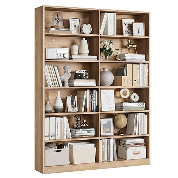FACBOTALL Bookshelf and Bookcase, 6-Tier Double Wide Bookshelves,Freestanding Display Storage Shelves, Tall Bookcases for Home Decor Bedroom, Living Room, Home Office, Light Oak - Light Oak