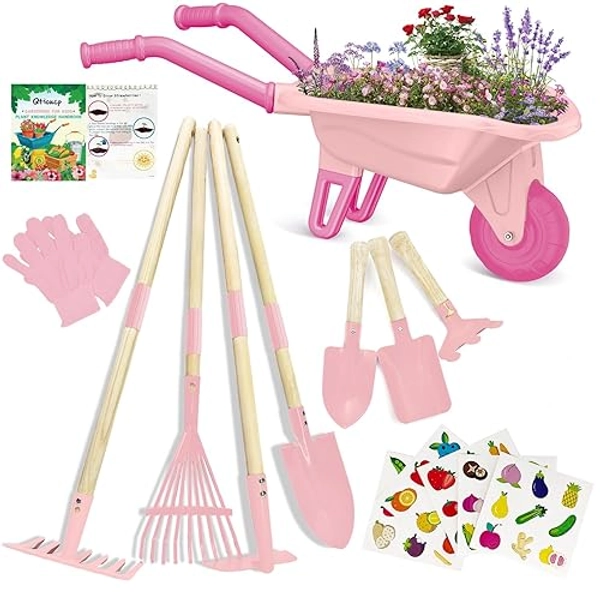 Qtioucp Kids Gardening Tools Outdoor Toys Set Backyard Play with Wheelbarrow Educational STEM Learning Pretend Toys Outdoor Indoor for Toddlers Kids Boys Girls (Pink) - Pink