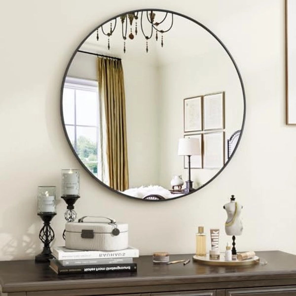 VooBang Black Round Bathroom Mirror, 20 inch Circle Mirror, Round Wall Mirror with Simple Metal Frame, Modern Round Hanging Mirror for Bathroom, Hallway, Living Room, Black Frame - 20x20 - Black