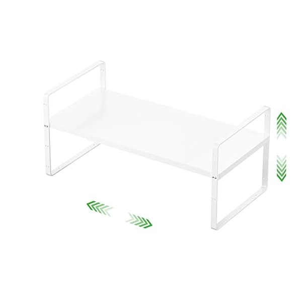 SOFRON Expandable Cabinet Storage Shelf Stackable Organizer Rack for Kitchen Bathroom Pantry Spice Cupboard Countertop Home Office Desk Heavy Duty Nonslip White Small 1 Pack - Smooth White - Small - 8.1"D - 1 Pack