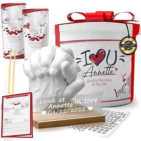 Lalfof Kit Moulage Main Couple avec Nom Cadeau Saint Valentin Femme. Cadeau Anniversaire Femme St Valentin, idee Cadeau Couple, Cadeau Couple Original, Cadeau personnalisé Homme, alginate Moulage - Blanc