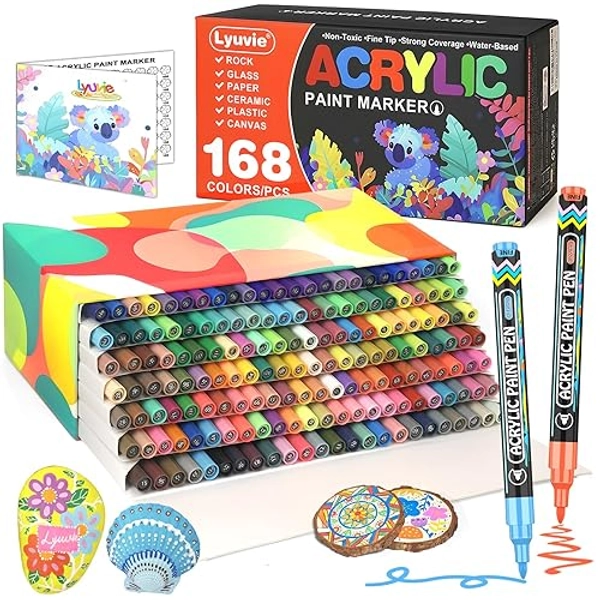 Lyuvie 168 Couleur Feutre Acrylique,Marqueur Peinture Acrylique avec Pointe Extra Fine de 0,7 mm,Permanent Stylo Peinture Acrylique pour Textile Verre Galets Métal Tissu Bois Céramique - 168