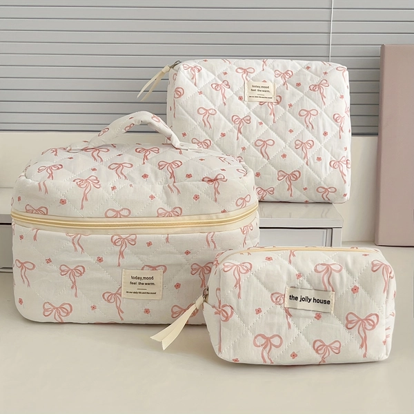 Spacious 3pcs Floral Bow Cosmetic Pouches - Chic Portable Makeup Bag Set for Women, Non-Waterproof Polyester