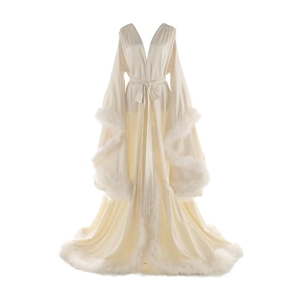 Daily Life Mall Women's Feather Bridal Robes Old Hollywood Maternity Photoshoot Nightgown Silk Bathrobe Long Lingerie - X-Small - P-ivory