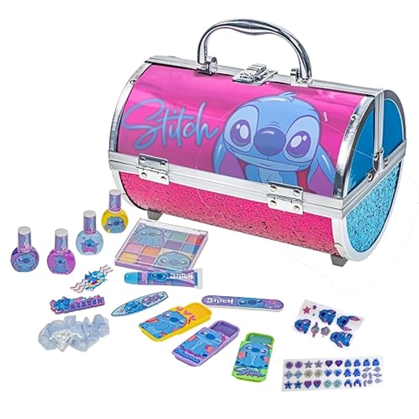 Stitch by Townley Girl Cosmetic Makeup Train Case Set Includes Lip Gloss, Shadows, Brushes, Nail Polishes, Hair Clips, Tattoos, Accessories & More! for Girls Ages 3+ Perfect for Parties, Sleepovers