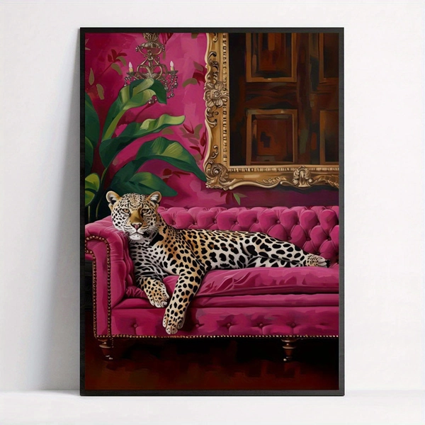1pc Leopard Canvas Art Print - Frameless Vintage & Modern Wall Decor, Eclectic Maximalist Animal Art for Living Room, Bedroom, or Home Office, Bold Pink & Green Retro Aesthetic