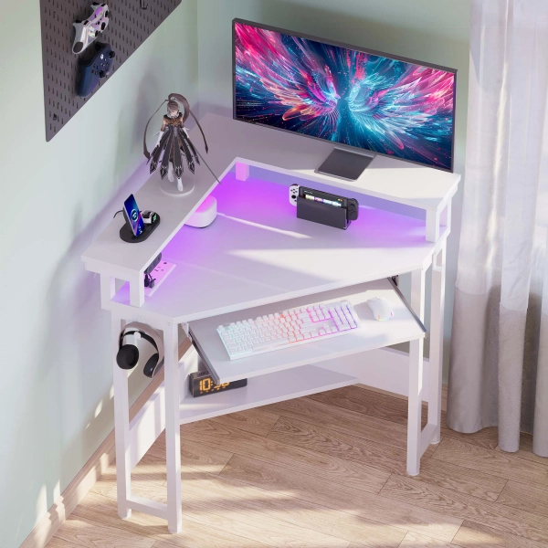 Inbox Zero Loferski Corner Desk with Power Outlets & LED Lights, Triangle Corner Desk with Monitor Stand & Keyboard Tray for Small Space "& Reviews" | Wayfair