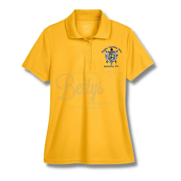 Sigma Gamma Rho ΣΓΡ Shield Polo Golf Shirt, Pique & Dry Fit Available | Pique / Gold / 2X-Large