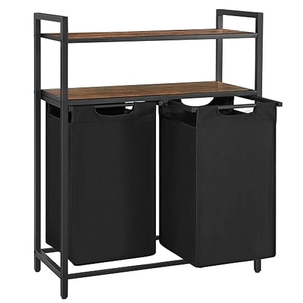 VASAGLE Panier à Linge, Corbeille à Linge Sale, Rangement 2 Compartiments, 2 Sacs Amovibles en Tissu Oxford, 2 Étagères, Cadre en Métal, 46L pour Chaque Sac, Marron Rustique et Noir BLH211B01 - Marron Rustique + Noir - 92 L