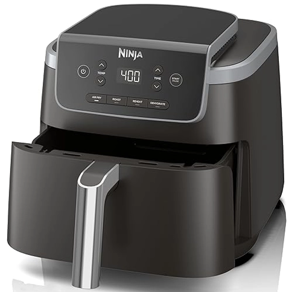 Ninja Air Fryer Pro 4-in-1 with 5 QT Capacity, Air Fry, Roast, Reheat, Dehydrate, Air Crisp Technology with 400F for hot, 120 Volts, Nonstick Basket & Crisper Plate, Grey, AF141 - Black - 5 QT