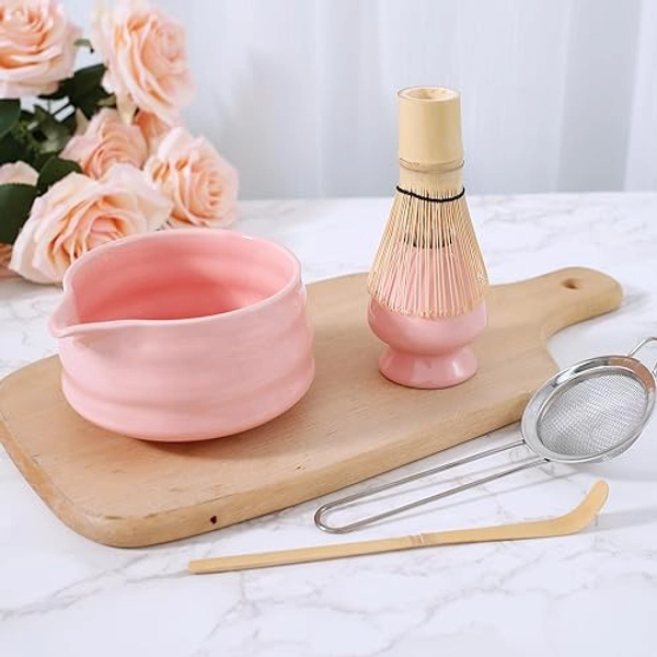 Matcha Whisk Set Matcha Whisk Holder Bamboo Matcha Whisk and Bowl with Spout Matcha Sifter Spoon Matcha Tea Set Kit for Matcha Tea (5pcs) (Pink) - Pink