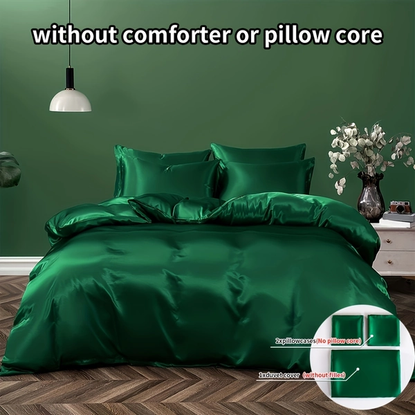3pcs Satin Duvet Cover Set, Ultra-Soft Solid Color, Polyester, Machine Washable, Sanded Craftsmanship, with Zipper Closure, for Master and Guest Bedrooms