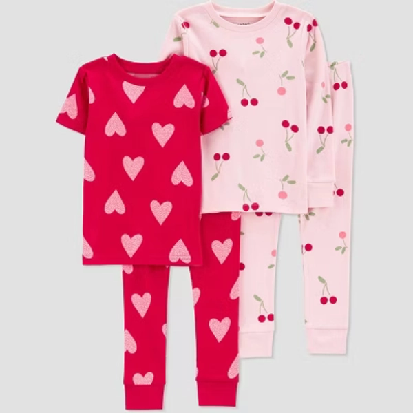 Carter's Just One You®️ Toddler Girls' 4pc Cotton Cherries and Hearts Pajama Set - Pink/Red 