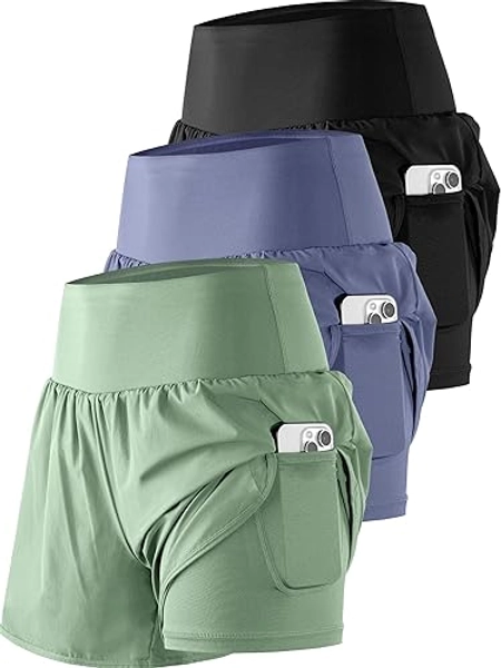 CADMUS 2 in 1 Women's Workout Shorts for Athletic Gym Running Shorts with Phone Pockets - Large - 3 Pack: 12# Black & Blueviolet & Turquoise
