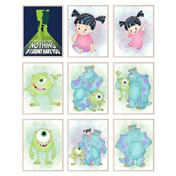 BigWig Prints Monsters Inc. Wall Art - Pixar Character Posters, Sully and Mike Wazowski Art, Kids Room Decor, Cute Colorful Nursery Artwork, Inspirational Quote - Unframed Set of 9 (8x10)