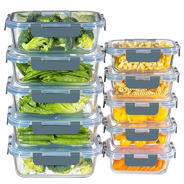 MFY 10-Pack Glass Storage Containers with Lids, Glass Meal Prep Containers Set, Airtight Glass Lunch Containers with Lids, Microwave, Oven, Freezer and Dishwasher Safe, Gray - Grey