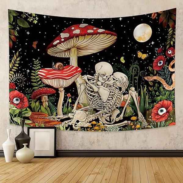 Mushroom Skull Tapestry Aesthetic Skeleton Floral Tapestries Flower Plant Tapestry for Bedroom Aesthetic Hippie Cool Nature Moon Star Wall Tapestry for Dorm Living Room 80x60 Inch - 203L x 152W cm - Tlx09381