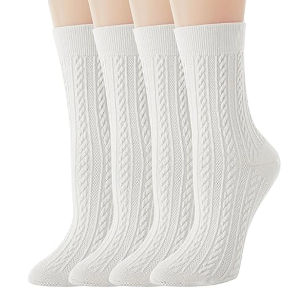 TOAMOUR Cable Knit Socks for Women, Thick Thermal Cotton Crew Socks, 4 Pairs Winter Warm Boot Socks, White Calf Socks - White