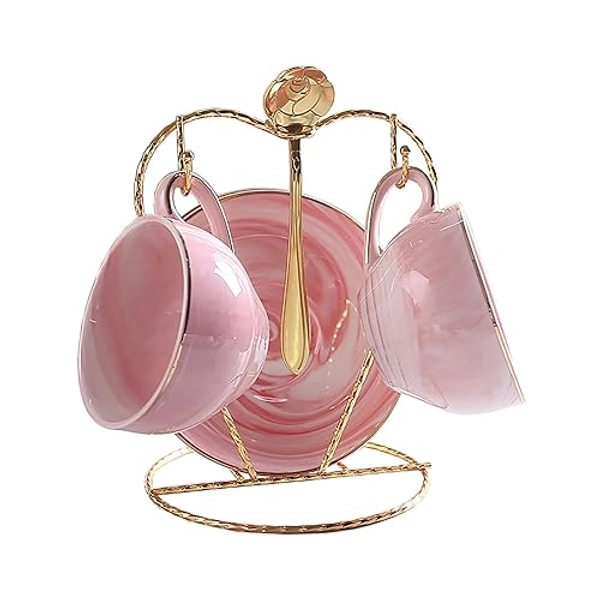 Wansli Marbled Ceramic Coffee Mug with Saucer, Coffee Cup Set with Spoon and Cup Holder, Gold Painted Coffee Mugs Set 4oz / 120ml for Coffee, Tea, Can be Given as a Gift-Pink||Set of 2