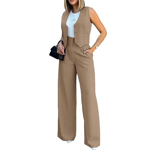 Elegant & Casual Women's Fashionable Blazer Vest & Wide-Leg Pants Set - Stylish & Comfortable for Daily Wear - X-Large - Khaki