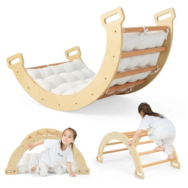 Costway 3-in-1 Climber Rocker Playset Wood s Climbing Frame Rocking Seesaw w/Cushion ren Gifts