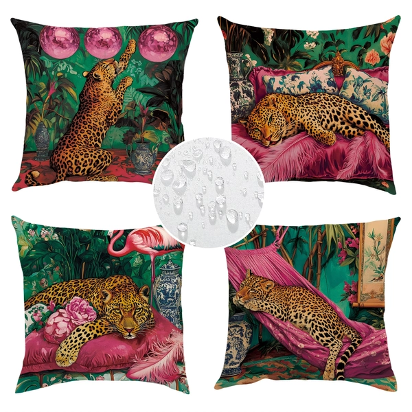 [Leopard Floral Throw Pillow Covers] 4pcs Leopard Floral Tropical Outdoor Throw Pillow Covers - Waterproof Twill One Sided Printing - Pink Green Golden for Balcony Garden Patio Furniture Tent Swing Deep Seat Sofa Decor
