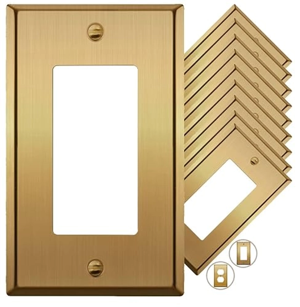 Rio Salto BRASS Metal Gold Light Switch Wall Plate Outlet Cover Wall Plate Single Receptacle Wallplate Rocker Covers 1 Gang Decora Brushed Brass 4.50" x 2.76" 10-Pack Standard Size - Rocker / Outlet 1-Gang (10-Pack)