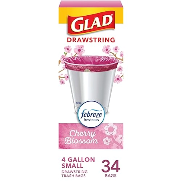 Glad Odorshield Small Drawstring Trash Bags, 4 Gal, Pink, Cherry Blossom, 34 Ct, Pack May Vary