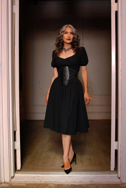 Lucrezia Day Dress in Solid Black Stretch Crepe | Laura Byrnes Design | L