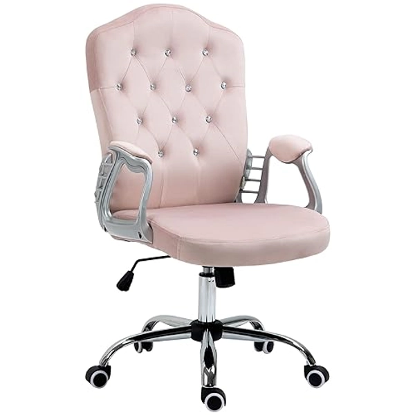 Vinsetto Office Chair, Velvet Computer Chair, Button Tufted Desk Chair with Swivel Wheels, Adjustable Height, Tilt Function, Pink - Pink - Velvet-feel Fabric