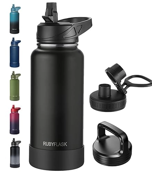 RUBYFLASK 32oz Insulated Water Bottle with Straw, Stainless Steel Metal Vacuum Water Flask, Large Thermos Water bottle with Leakproof 3 Lids for Travel, Camping, Gym Sports Black - 32 Ounces - Black