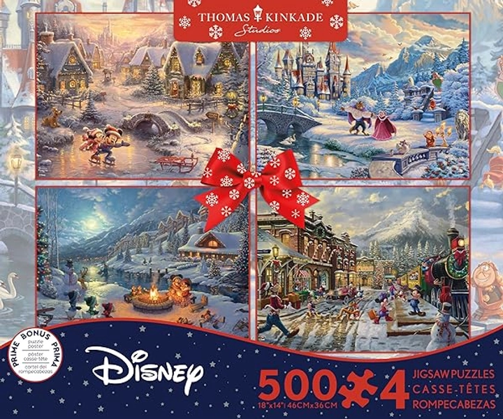 Ceaco - 4 in 1 Multipack - Thomas Kinkade - Disney - Holiday Collection - (4) 500 Piece Jigsaw Puzzles