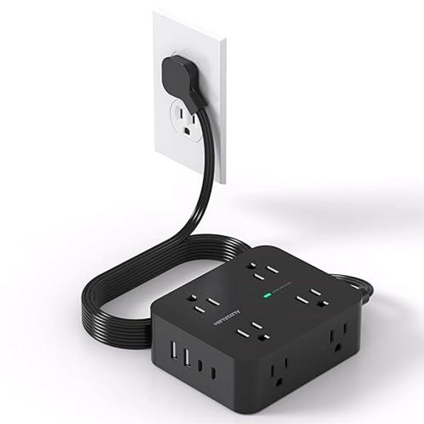 Power Strip Surge Protector, 5Ft Ultra Thin Flat Plug Extension Cord with Multiple Outlets, 8 Widely Outlet Extender with 4 USB Ports(2 USB C), 1080J Wall Mount for College Dorm Room Essentials Black - 5Ft - Flat Extension Cord