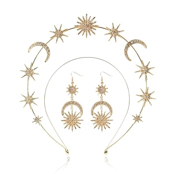 puwuto Halo Crown - Stars Crystal Goddess HeadBand with Earrings Mary Metal Halo Headpiece Celestial Crowns Tiaras for Women Bridal Wedding Costume Cosplay Party Goddess Accessories - Gold - Star&moon